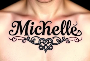 Design a tattoo for a man’s chest of a woman’s name (Michelle). Incorporate a Celtic knot and subtle heart tattoo idea