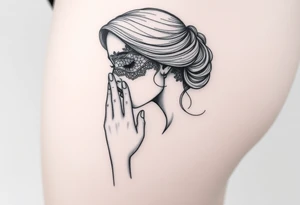 Black and white profile of woman with chin pressed on hand, lace covering  her eyes, mouth open suckling on fingers tattoo idea