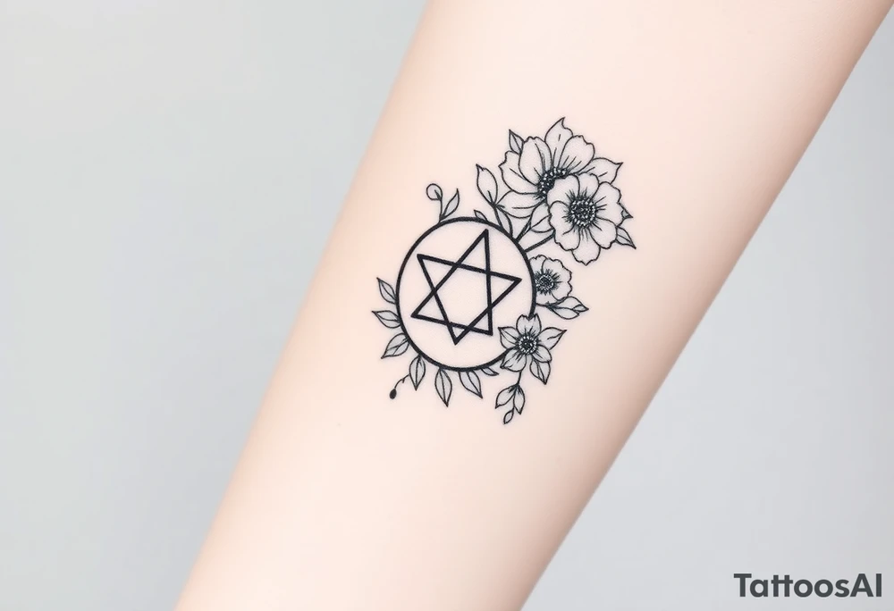 Large fine line florals that cover up an enneagram symbol tattoo idea