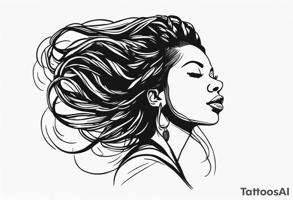 Draw a women head with real dread locks flying in the air, all hair should be to see tattoo idea