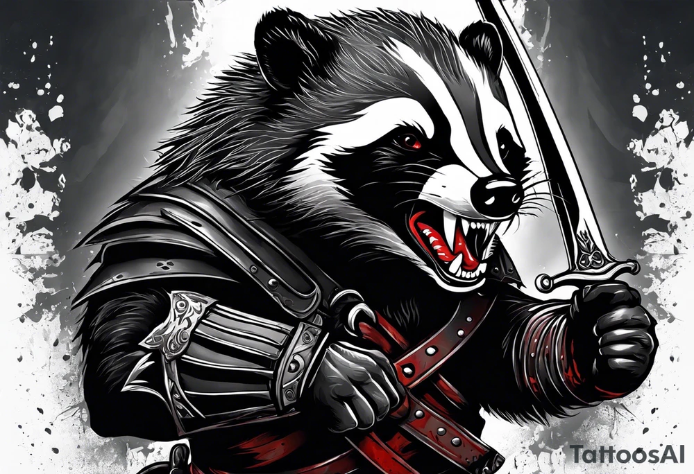 Draw me psychopath badger/Warrior with aggressive full body, killer face with a smile, very long nails and he attacks like a Bloody Gladiator to us and also, he has very deadly looking. He fights with his nails. Everybody scares after their first sight. Give me horror type Badger Tattoo. tattoo idea