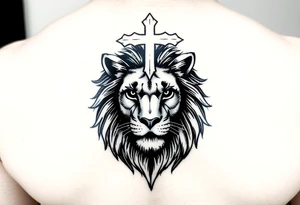 lion with lashes and cross over head tattoo idea