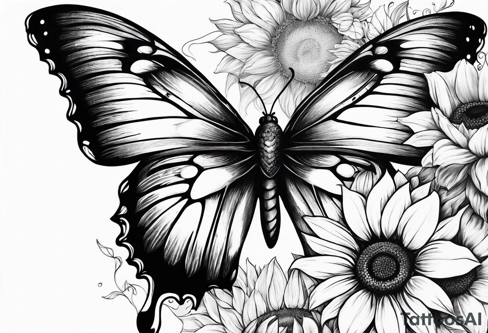 Sleeve with angel wings, sunflower and butterfly tattoo idea