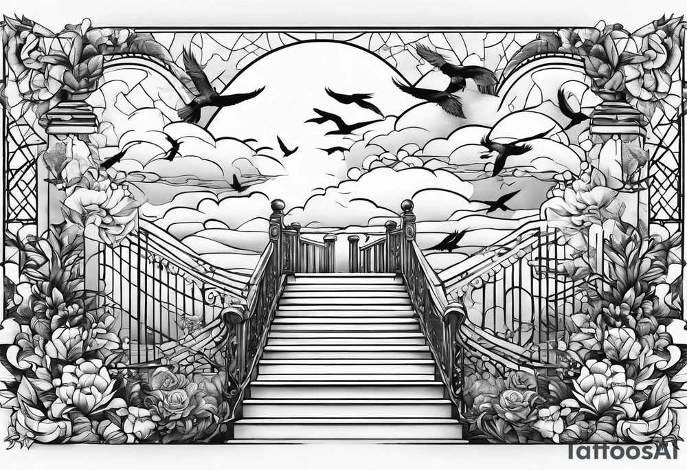 stars, clouds, birds,stairway tattoo idea
