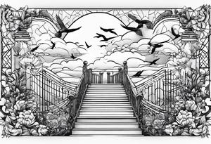 stars, clouds, birds,stairway tattoo idea