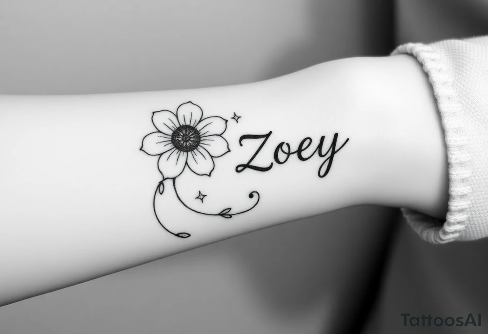 I want it on my wrist. I want a beautiful flower on the inside of my wrist with tendrils down the inside of my arm with little delicate stars or motes and the name Zoey

Why are you showing it on a back? I want it on the inside of my wrist

I want it to be a little smaller. I want the lines to be super fine. I want more organic delicate tendrils. The name Zoey should be about 3" up on the inside of my arm 

I just want the tendrils to look more natural and flowy and graceful.
I do not want stars in it anymore. 
Please show it on the inside of the wrist with the blossom just below the palm and the tendrils curling up the inside of the arm. I want a little more tendrils with some little sparkles very delicate leading to the name
More options. Make it super delicate and graceful. The tendrils can have tiny delicate leaves 

It needs to be on the underside of the wrist on the inside flowing up the arm
More tendrils and more sparkles
More options please tattoo idea