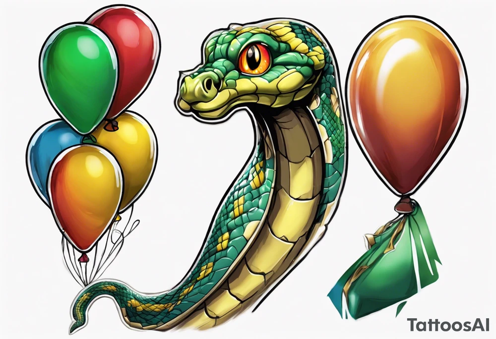 python regius with colored ballons from movie up! aside and a green gem on the other side tattoo idea
