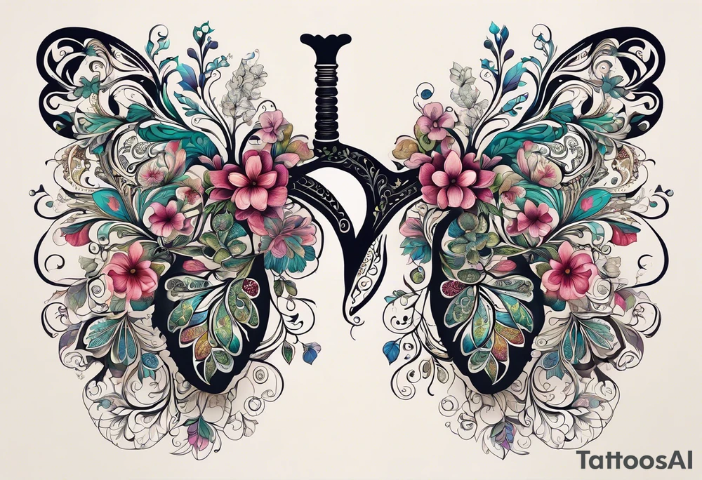 intricate and artistic arrangement of flowers and ornamental patterns that come together to form the shape of human lungs. The design should have a balance of delicacy and detail, with vibrant floral elements seamlessly intertwining to mimic the structure of the lungs, including the bronchi branching into floral motifs. Incorporate subtle shading and depth to give the tattoo a dynamic and organic feel, while maintaining elegance and symmetry, embraced by an octopus and butterflies flying around tattoo idea