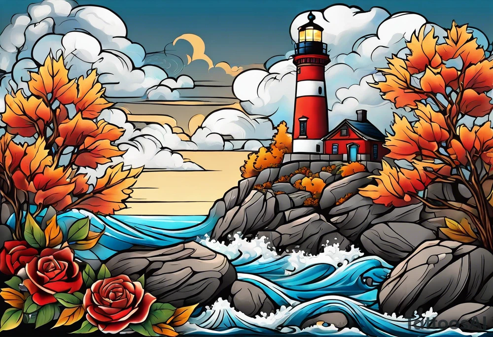 thigh tattoo in fall colors, showing lighthouse, water flow around rocks, sky, clouds, leaves, roses and no trees tattoo idea