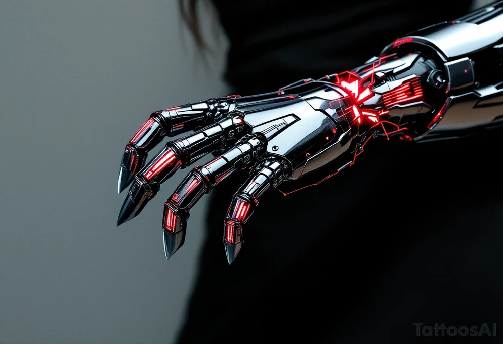 A chrome-plated robotic hand clutching a gleaming silver scythe with glowing red circuitry running up its fingers. tattoo idea