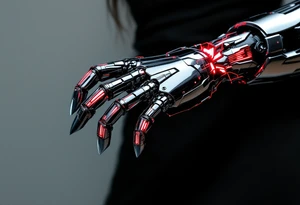 A chrome-plated robotic hand clutching a gleaming silver scythe with glowing red circuitry running up its fingers. tattoo idea
