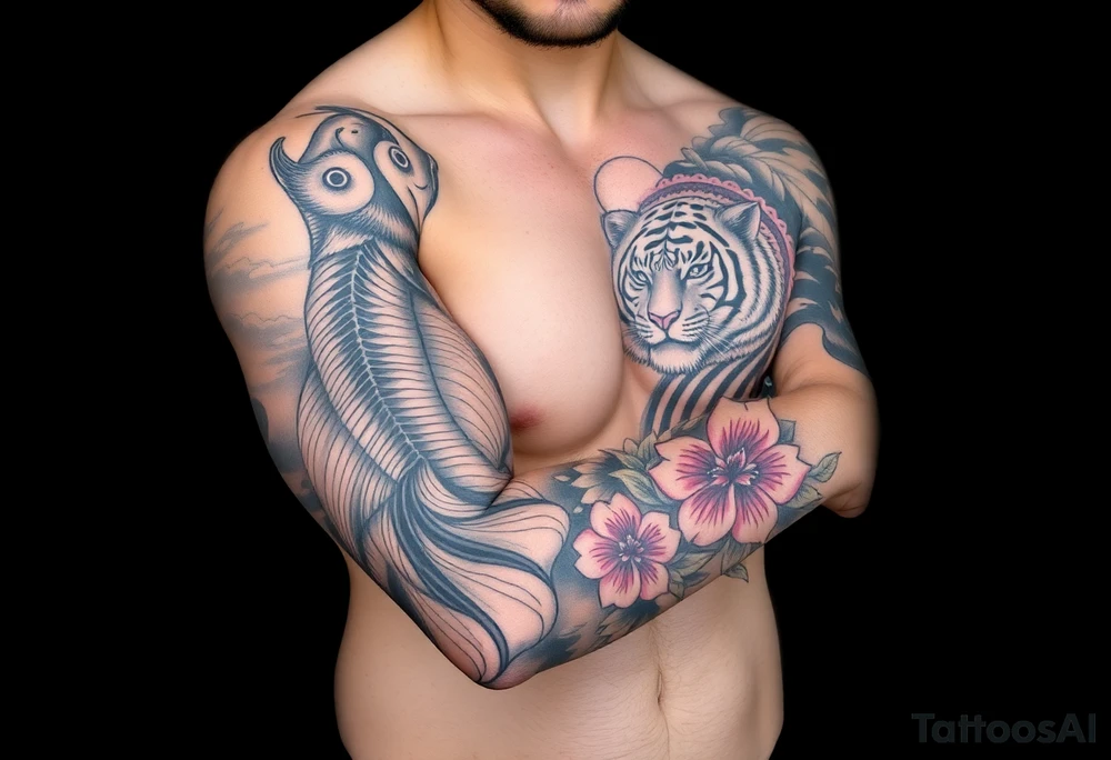 Full arm sleeve, one koi fish, one tiger, the sun, cherry blossom filler, beautiful tattoo idea