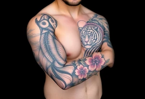 Full arm sleeve, one koi fish, one tiger, the sun, cherry blossom filler, beautiful tattoo idea