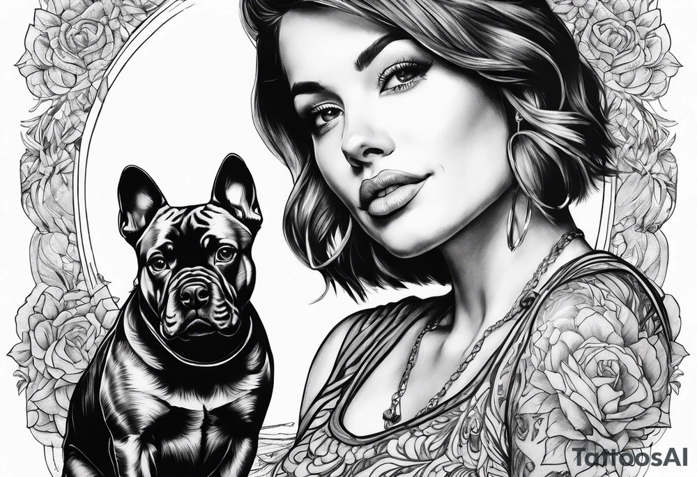 dog in the air facing woman tattoo idea