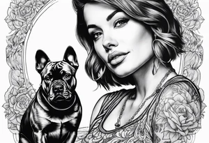 dog in the air facing woman tattoo idea