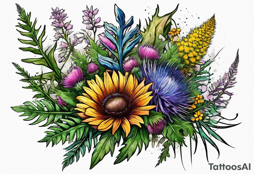 saturated mixed wildflower bouquet with ferns and thistles with color tattoo idea