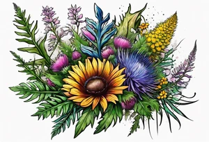 saturated mixed wildflower bouquet with ferns and thistles with color tattoo idea