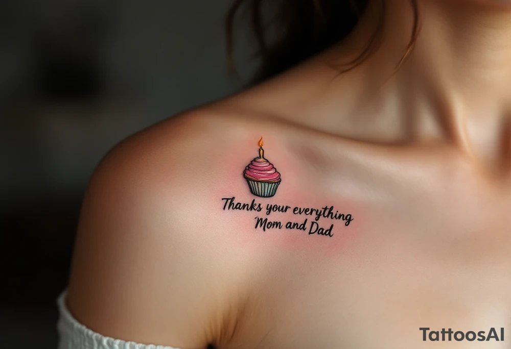 A candy-colored cupcake with a candle and the words “Thanks for Everything, Mom and Dad” in script. tattoo idea