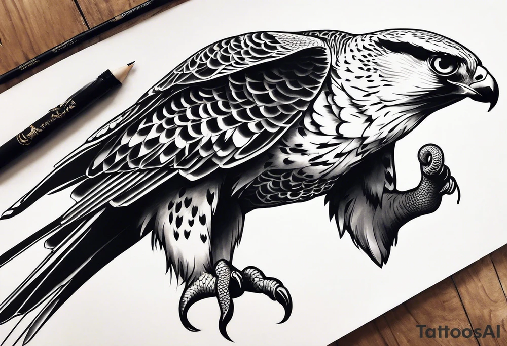 I would like to design a full sleeve tatoo with an outdoor theme. I want to have a mountain and a river on the upper outside part of the arm and a large peregrine falcon holding a snake somewhere else in the tatoo tattoo idea