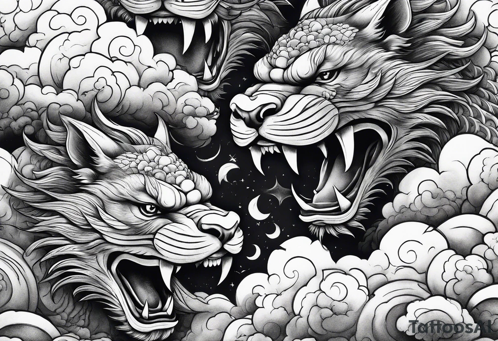 two creatures carving each another with tools japanese clouds tattoo idea