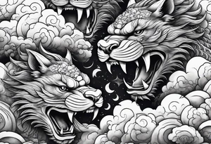 two creatures carving each another with tools japanese clouds tattoo idea