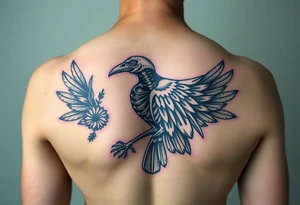 Raven skeleton with peackock feathers and ornaments around tattoo idea