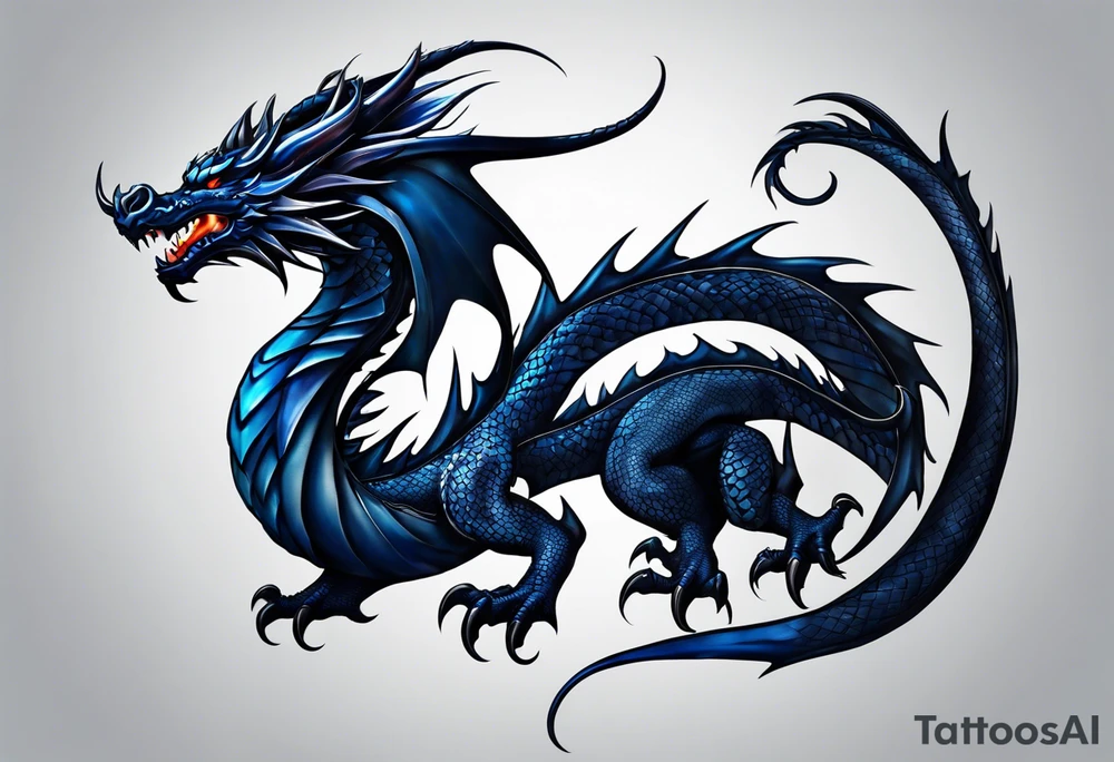 An epic floating dragon. Its long body coiling dynamically, with scales and horns detailed to create a sense of movement and strength. The dragon's main color is midnight blue, giving a vibrant depth and a mystical aura. This tattoo highlights the dragon’s fierce expression and sharp claws. tattoo idea