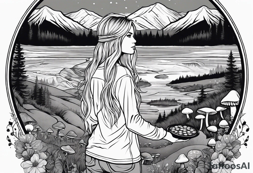 Whole picture encircled fully

Straight long blonde hair hippie girl in distance holding mushrooms in hand facing away toward mountains and creek surrounded by mushrooms long sleeve shirt and hiking pants; whole rendering within a full circle, no cut off circle tattoo idea