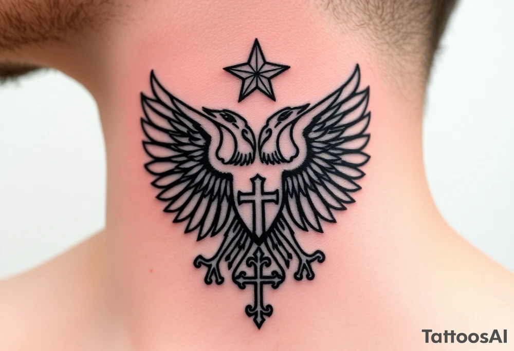 Double-headed eagle outline only (no shading) — suits neck skin which ages differently
Star above, small orthodox cross below tattoo idea