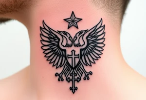 Double-headed eagle outline only (no shading) — suits neck skin which ages differently
Star above, small orthodox cross below tattoo idea