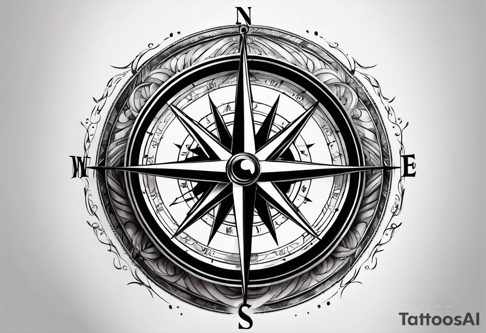 A black and white detailed compass tattoo idea