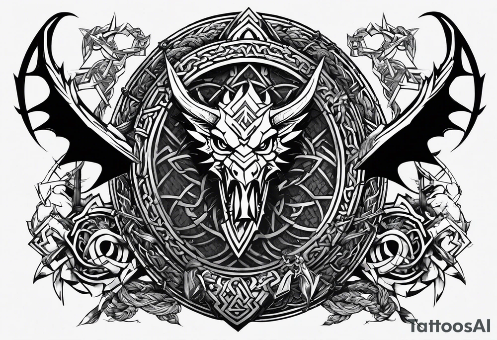 Valhalla sword shield dragon axe Valknut barbed wire chains tribal tattoo idea Valhalla sword shield dragon axe Valknut barbed wire chains tribal tattoo idea
