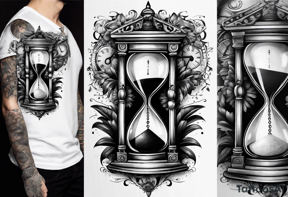 draw a clock/hourglass. They are surrounded by Roman numerals. It is a black and white tattoo for the right shoulder of a man tattoo idea