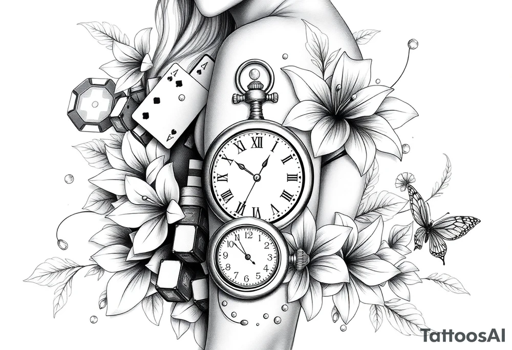 Casino only theme , poker chips deck of cards dice a pocket watch
 with lily flowers
 with raindrop swirls and butterfly’s tattoo idea