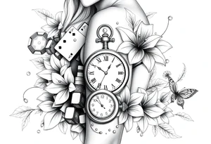 Casino only theme , poker chips deck of cards dice a pocket watch
 with lily flowers
 with raindrop swirls and butterfly’s tattoo idea