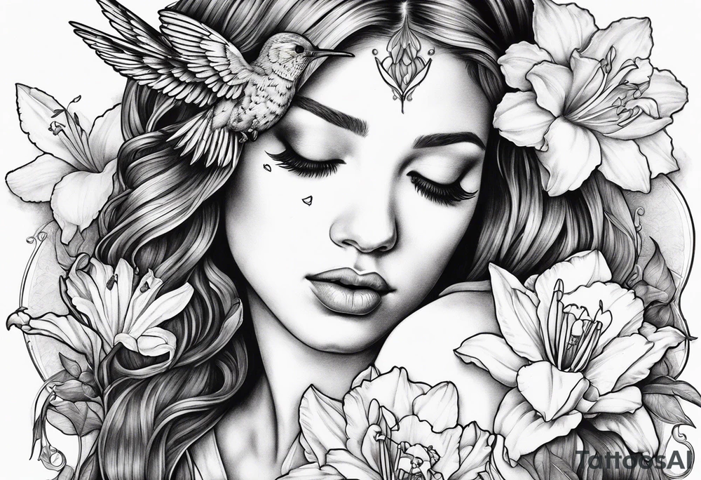 broken angel with head down and face covered by her hair with sagging broken wings surrounded by lily, daffodil, rose, daisy, narcissus holding a hummingbird tattoo idea