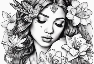 broken angel with head down and face covered by her hair with sagging broken wings surrounded by lily, daffodil, rose, daisy, narcissus holding a hummingbird tattoo idea