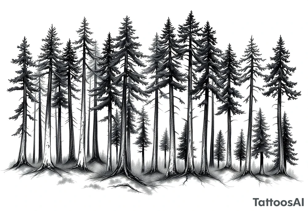 Needle forest with black and gray trees tattoo idea