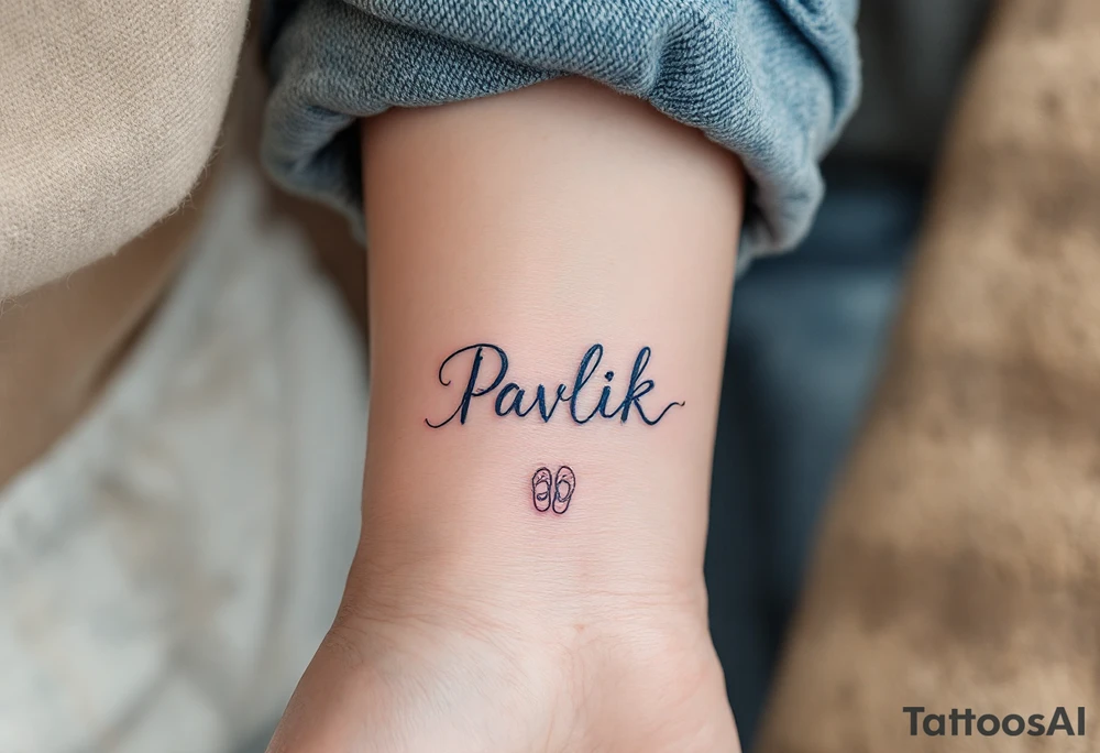 Pavlík written above a tiny pair of baby shoes in dusty blue. tattoo idea