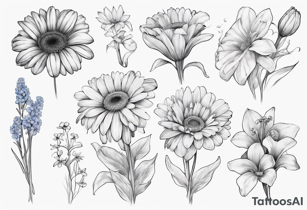 a fine line, dainty bouquet of a gerbera daisy, an iris, blue bells, and forget me nots, tied together with a small bow. no shading or realism. a small line work piece tattoo idea