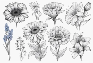 a fine line, dainty bouquet of a gerbera daisy, an iris, blue bells, and forget me nots, tied together with a small bow. no shading or realism. a small line work piece tattoo idea