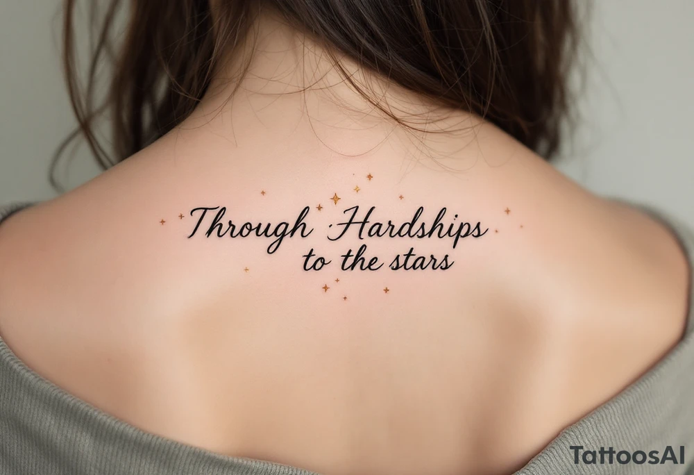 A minimal black line script of the english phrase “Through Hardships to the stars” is paired with tiny gold stars scattered along the collarbone. tattoo idea