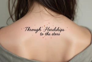 A minimal black line script of the english phrase “Through Hardships to the stars” is paired with tiny gold stars scattered along the collarbone. tattoo idea