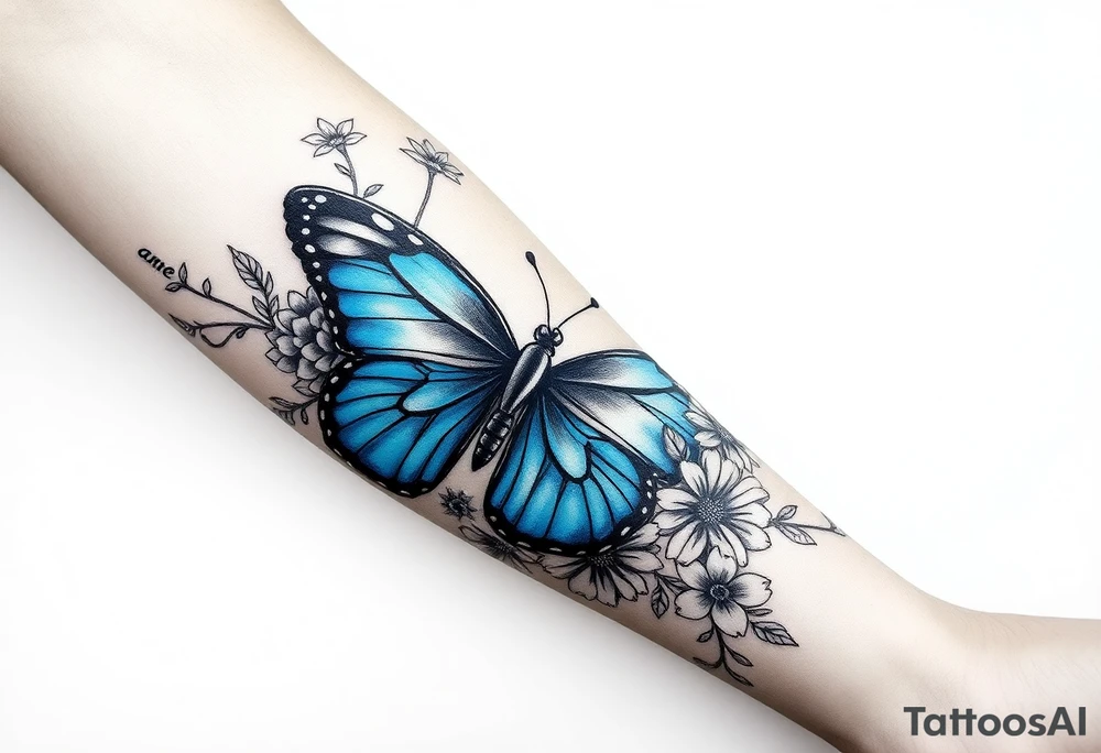 Sleeve/ floral with vines roses and daises large bright blue monarch in center of forearm with floral extending from wrist to mid bicep children’s names written with vines “ amber, Zachary, Justin, Harper, Vivian “ ARM SLEEVE tattoo idea