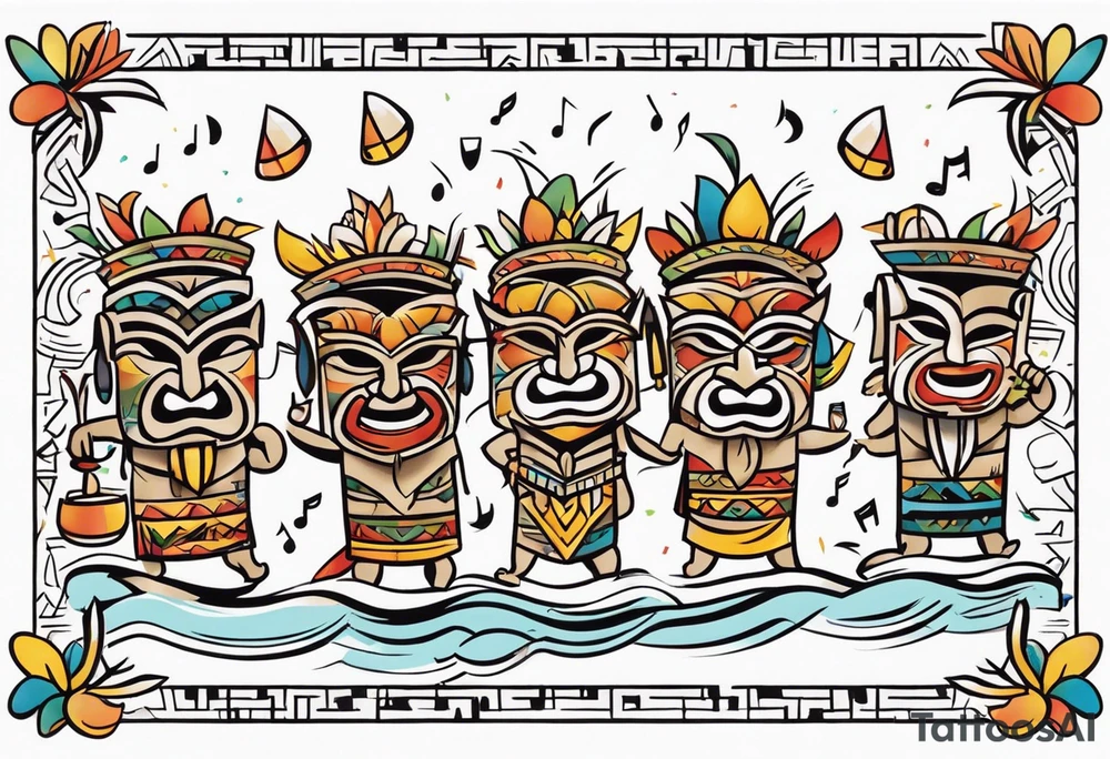 hulu tiki party with dancing tiki guys and sexy tiki girls on a beach with music notes and confetti around a blank space in the middle tattoo idea