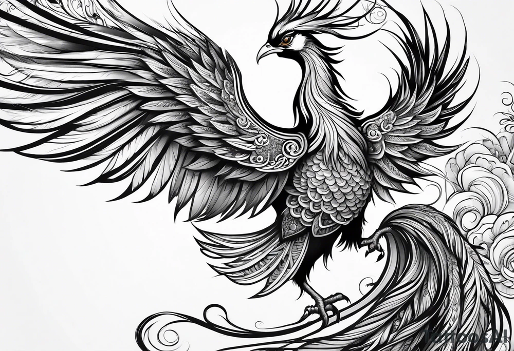 graceful asian style phoenix with extra long tail feathers and a long neck tattoo idea