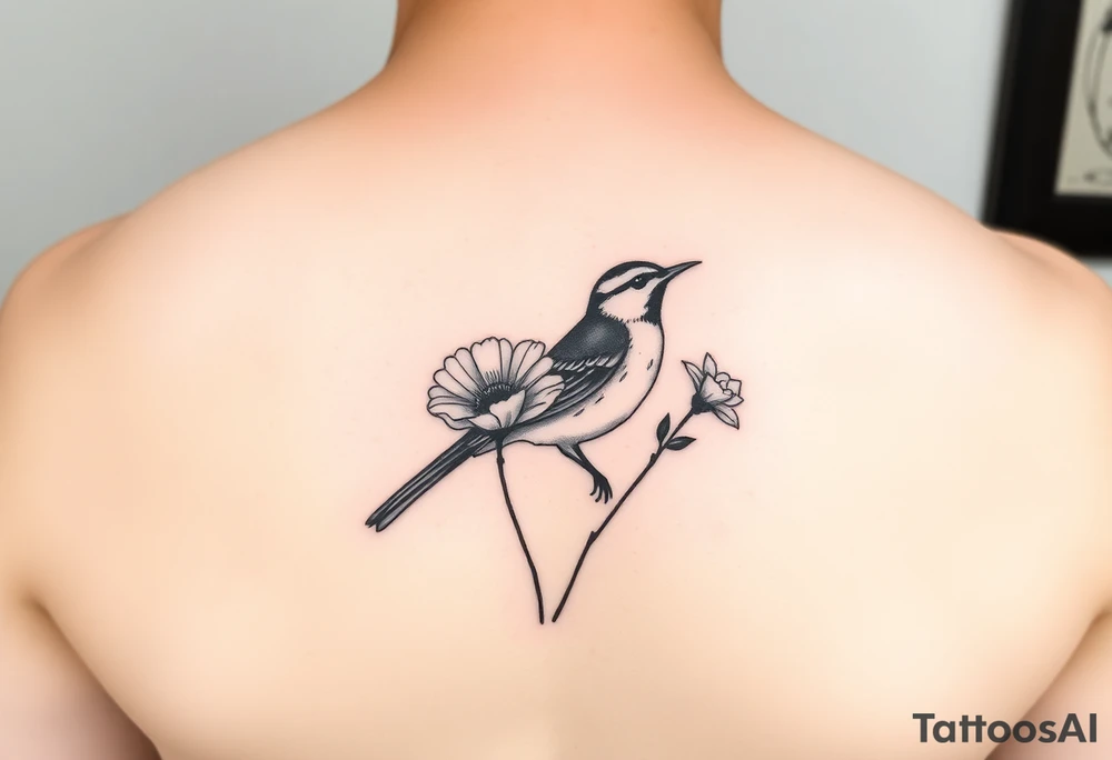 Small fantail bird with a poppy and a daffodil tattoo idea