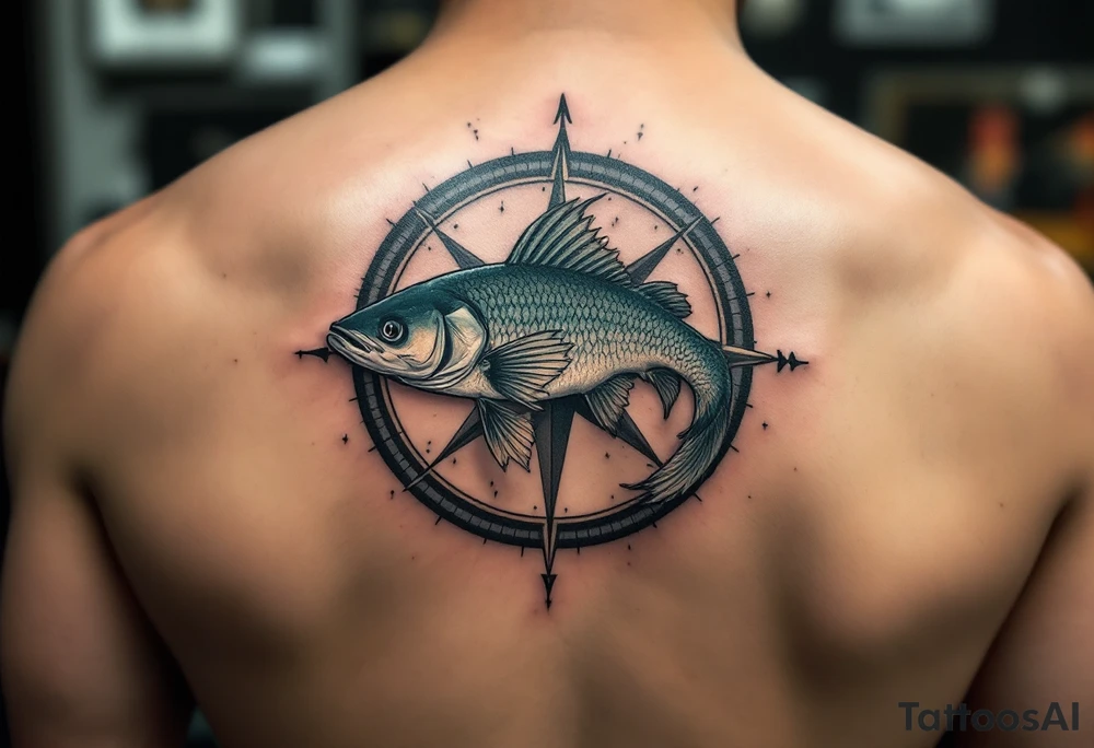 Catfish and Compass – A swimming catfish with muted ocean colors (deep blue, gray-green) circling a compass rose, symbolizing direction, exploration, and returning home. tattoo idea