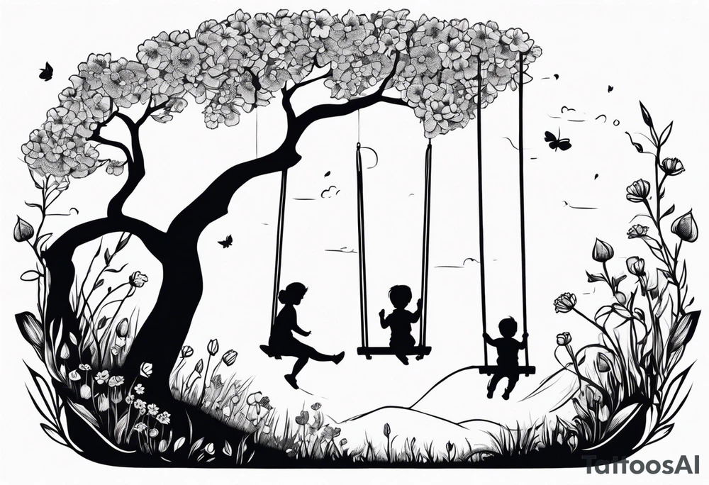 Mom with son and daughter on a swing in the distance in a field of flowers tattoo idea