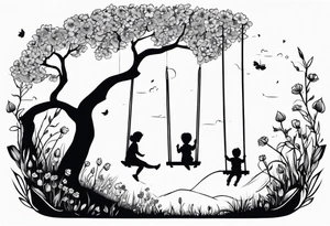 Mom with son and daughter on a swing in the distance in a field of flowers tattoo idea